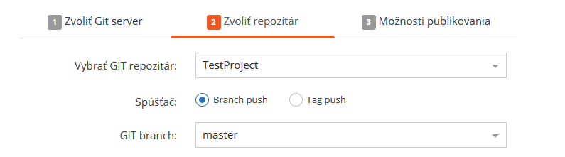 Vyberte projekt a branch nebo tag